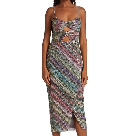 SAYLOR Dresses & Skirts - Saylor Lissandra Sequined Midi Dress Rainbow Double Cutout Spaghetti Strap XS C9